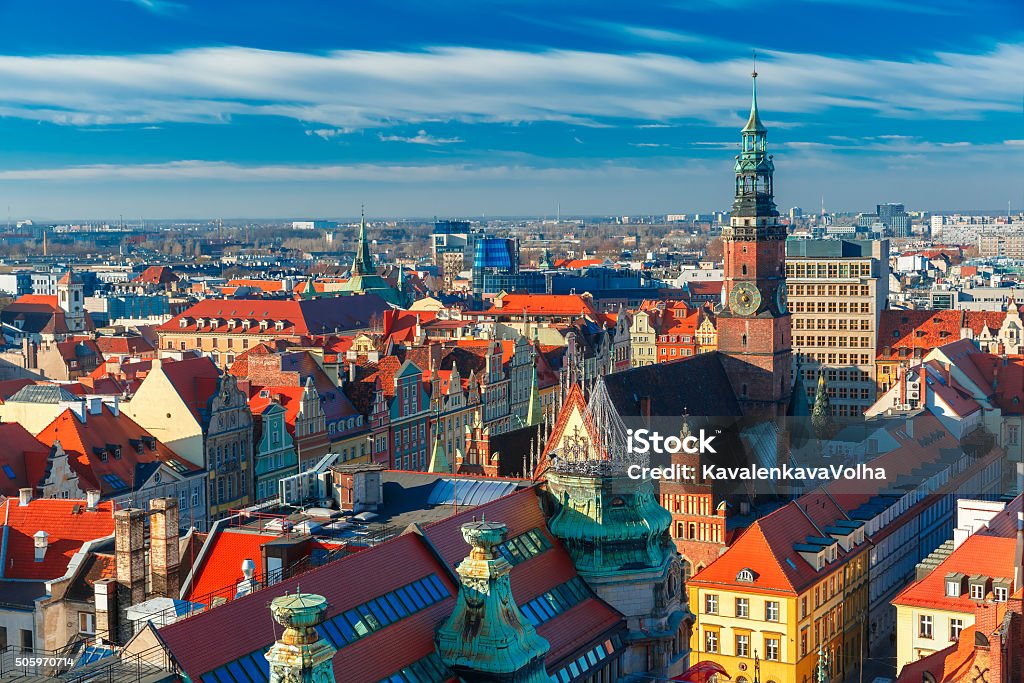 Aerial view of Wroclaw in the morning Aerial view of Stare Miasto with Market Square and Old Town Hall from St. Mary Magdalene Church in Wroclaw, Poland Poland Stock Photo