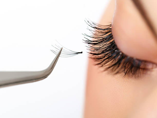 Woman eye with long eyelashes. Eyelash extension stock photo