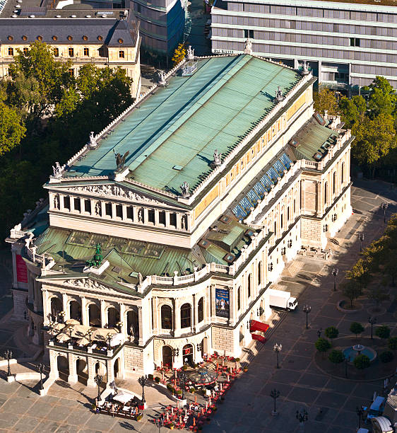 Frankfurt, Germany - October 1, 2011: aerial of famous Opera house in Frankfurt, the Alte Oper in Frankfurt, germany. The alte oper was rebuilt in 1981 after being destroyed in WW 2.