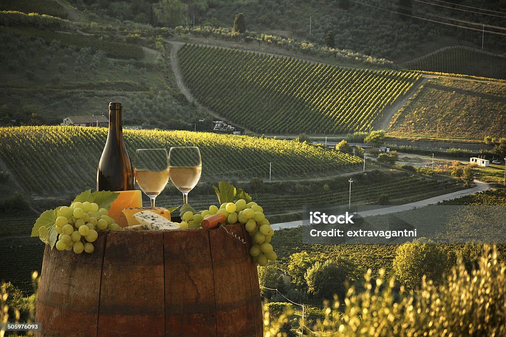 Vine landscape with wine still-life in Chianti, Tuscany, Italy White wine with barrel on vineyard in Chianti, Tuscany, Italy Agricultural Field Stock Photo