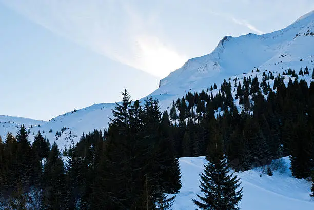snow mountain slopes in skiarea Portes du Soleil region, Morzine - Avoriaz, France