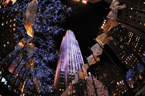 New York, NY, USA - December 20, 2013: A general view of the Rockefeller Center and Christmas Tree in Midtown Manhattan, New York City.