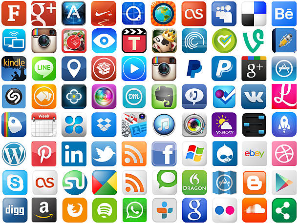 famose icone delle app su bianco - pinterest facebook twitter computer monitor foto e immagini stock