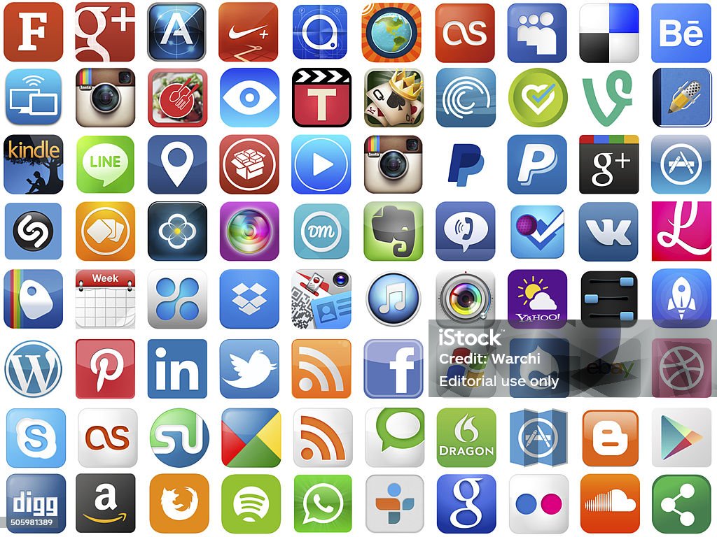 popular app icons on white Montreal,Canada - August 03, 2014: Popular Apps icons,  Facebook, Foursquare, Vine, Instagram, Youtube, Flickr, Pinterest, MySpace,dropbox,v kontakte ,behance, kindle,skype,linkedin,ebay,amazon,digg,sound cloud, Tumblr, Twitter, Blogger, Google Plus, Vimeo, WordPress, LinkedIn, instagram, my space, Spotify etc. on white Icon Stock Photo