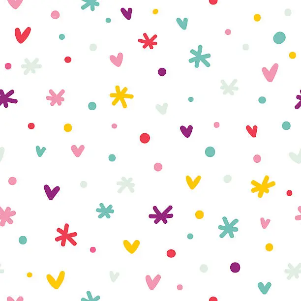 Vector illustration of Abstract confetti, hearts and stars seamless pattern