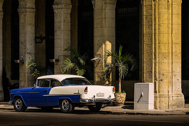 Vintage American made car parked on the street in old Havana, Cuba. Old architecture in the background.