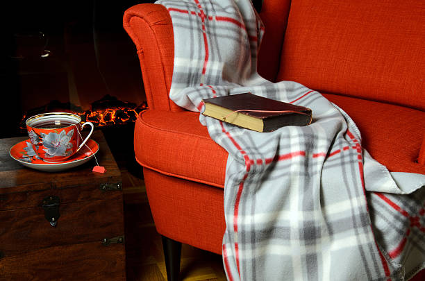 Blanket, book and tea by the fireplace Soft blanket and book on elegant armchair, a cup of hot tea beside it and fireplace in background plaid couch stock pictures, royalty-free photos & images