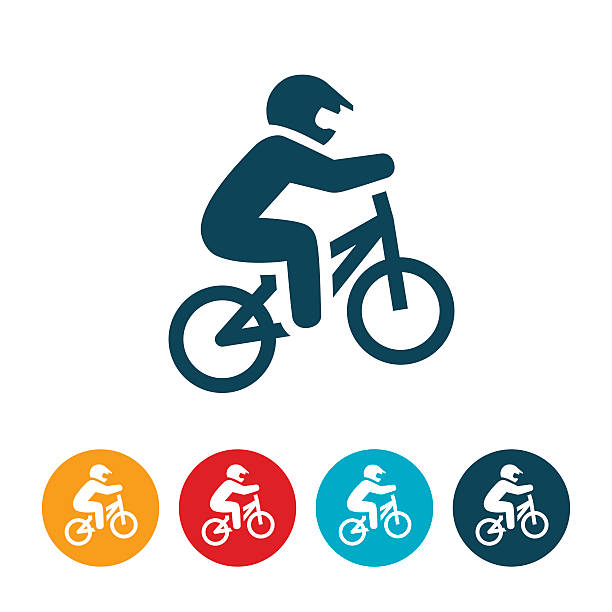 An icon of a BMX rider on his bike. The icon represents the hobby, sport or activity of BMX bike riding.