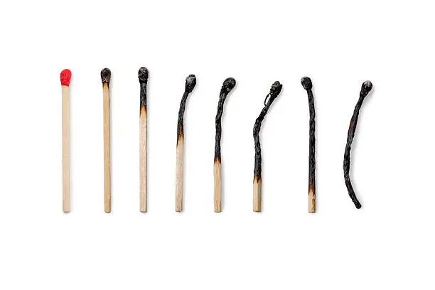 Row of Matches from new to completely burned isolated on white background