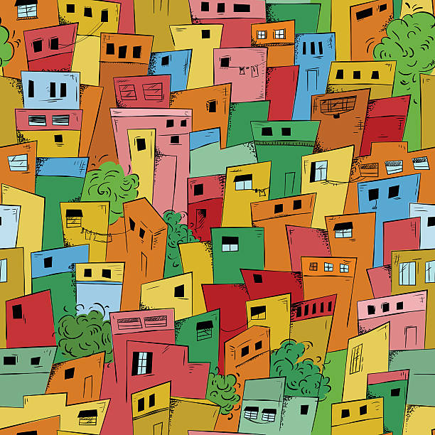ilustrações, clipart, desenhos animados e ícones de sem costura padrão de favela cidade - favela