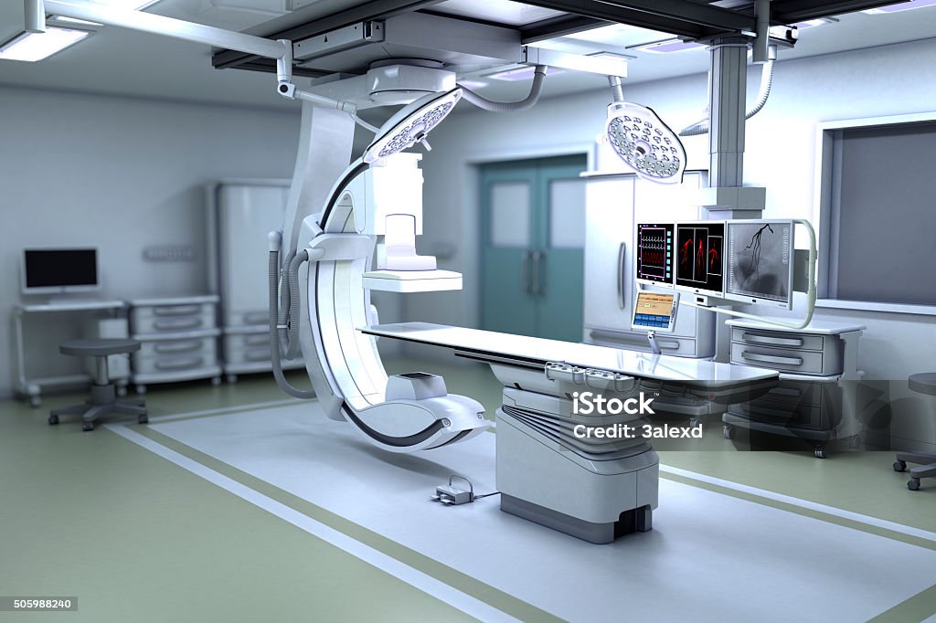 Interventional X-ray System 3D illustration of x-ray machine. X-ray Equipment Stock Photo