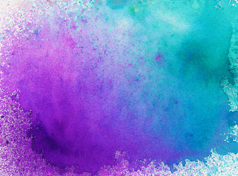 An hand painted image with shades of bright magenta pink, purple and blue. There is a texture of paint splatters and mottled colors. This would make a great background or texture.