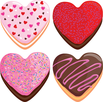 Vector illustration collection of colorful heart shaped donuts on white background.
