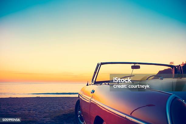 Convertible At The Beach At Sunset Or Sunrise Stock Photo - Download Image Now - Car, Retirement, Summer