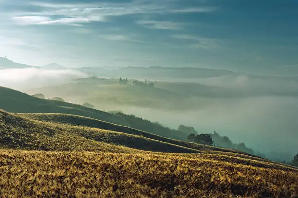 Scenic near Pienza at Tuscany,morning,fog Southern Italy.Nikon D3x