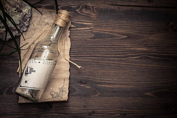 Message in bottle with copy space on tropical  wooden background
