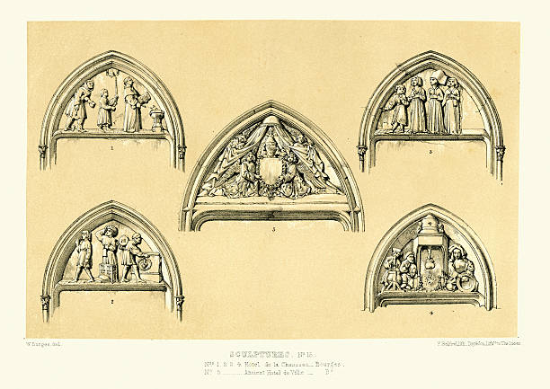 medieval architecture - sculptures from bourges, france - cher stock illustrations