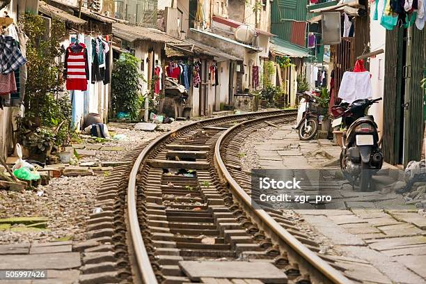 Train Passing Through Streets Of Hanoi Slums Vietnam Stock Photo - Download Image Now