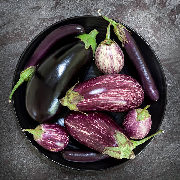 istock Eggplant Varieties in Black Bowl on Slate Overhead View 506006816