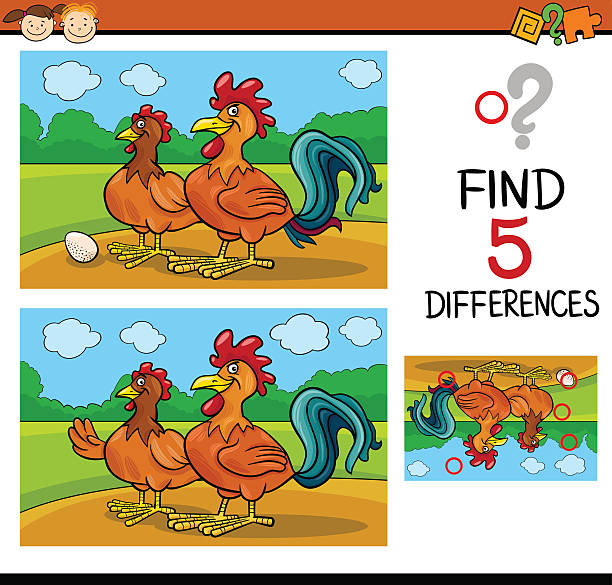 task of differences for child Cartoon Illustration of Finding Differences Educational Task for Preschool Children with Rooster and Hen Farm Animal Characters farm cartoon animal child stock illustrations