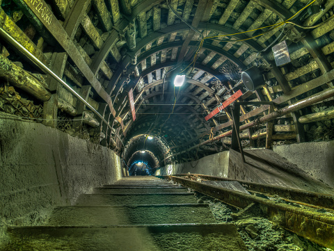 Ruda Slaska, Poland - November 05, 2015:  Coal mine. Stairs in a  mine tunnel