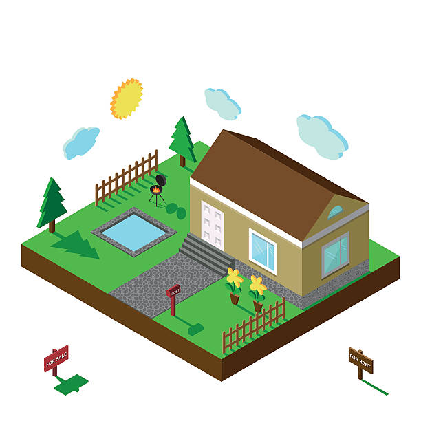 istock Isometric house.3D Village landscape,summer yard 506007974