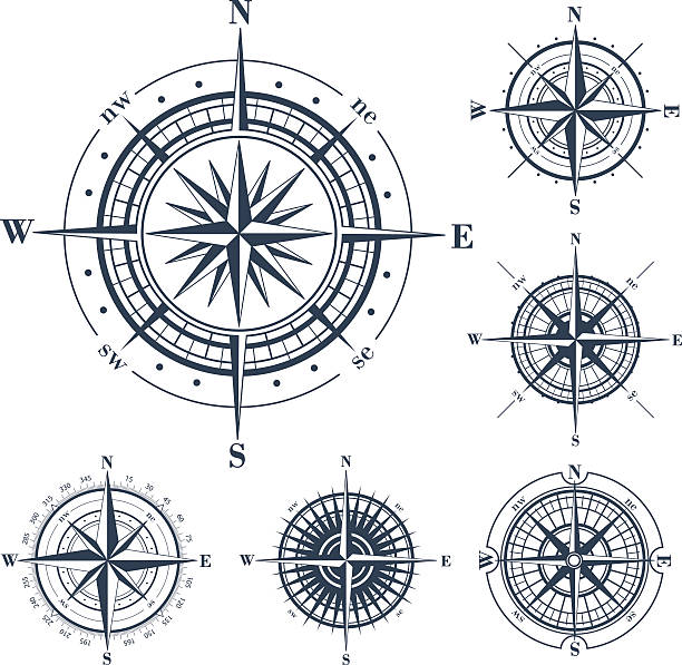 ilustrações de stock, clip art, desenhos animados e ícones de conjunto de bússola de rosas isolado a branco - compass compass rose north direction