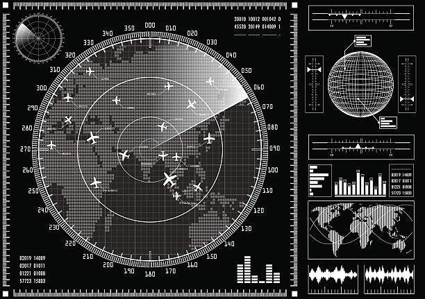 Radar screen with futuristic user interface HUD. Radar screen with planes and futuristic user interface HUD. Black and white infographic elements. Vector illustration. flight radar screen stock illustrations