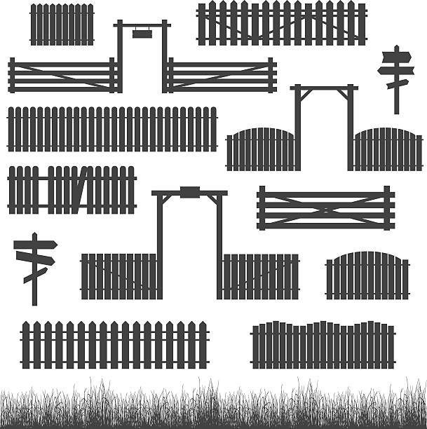 Set of black fences with gates Set of black silhouettes of fences with gates and grass isolated on white background. Vector illustration. picket fence stock illustrations