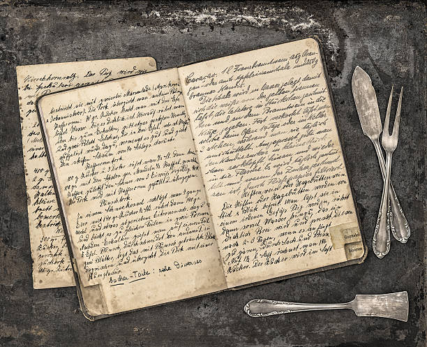 istock Vintage handwritten recipe book and antique silverware 506010042