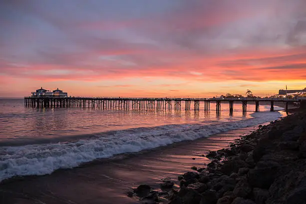 Malibu pier pacific ocean sunset on the Southern California coast.