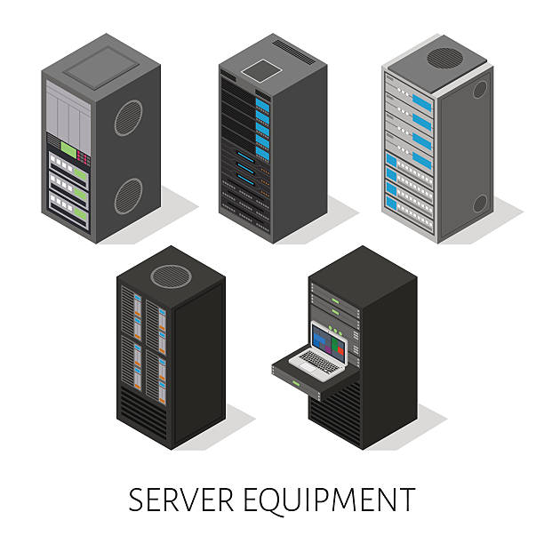 ilustraciones, imágenes clip art, dibujos animados e iconos de stock de isométricos de equipo servidor fondo aislado - network server black computer network rack