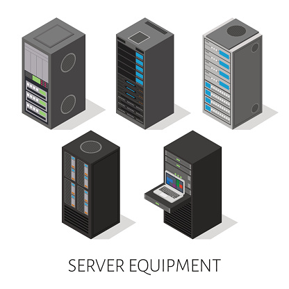 set of server equipment in isometric, perspective view isolated on a white background.