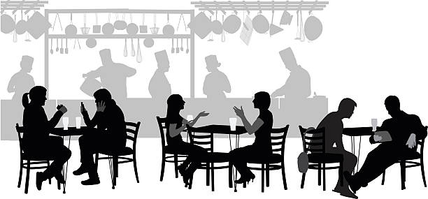 Restaurant Customers A vector silhouette illustration of a restuarant with patrons sitting at tables in groups of two with the kitchen staff working in the background.  Two women drink and play cards, two women gesture deep in discussion ,and two men look over the menu.  Chefs work in the back underneath racks of kitchen utensils. chef silhouettes stock illustrations