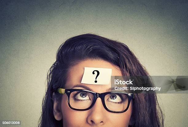 Thinking Woman With Question Mark Stock Photo - Download Image Now - Contemplation, Asking, Question Mark