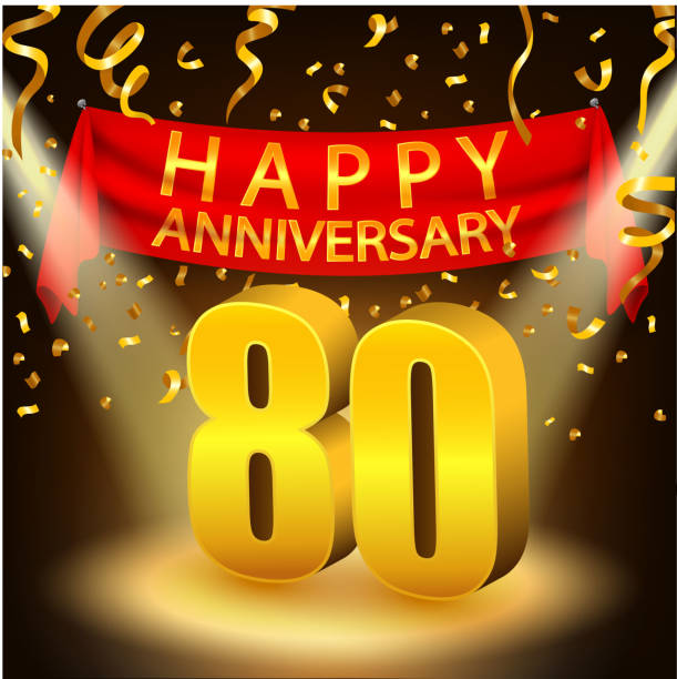 Happy 80th Anniversary celebration with golden confetti and spotlight Vector Illustration Of Happy 80th Anniversary celebration with golden confetti and spotlight accent nails stock illustrations