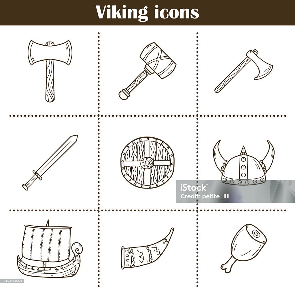 Viking cartoon icons Set of cartoon hand drawn icons on viking theme Viking Helmet stock vector