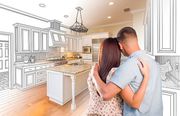 istock Young Military Couple Inside Custom Kitchen and Design Drawing 506014326