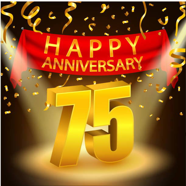 Happy 75th Anniversary celebration with golden confetti and spotlight Vector Illustration Of Happy 75th Anniversary celebration with golden confetti and spotlight accent nails stock illustrations
