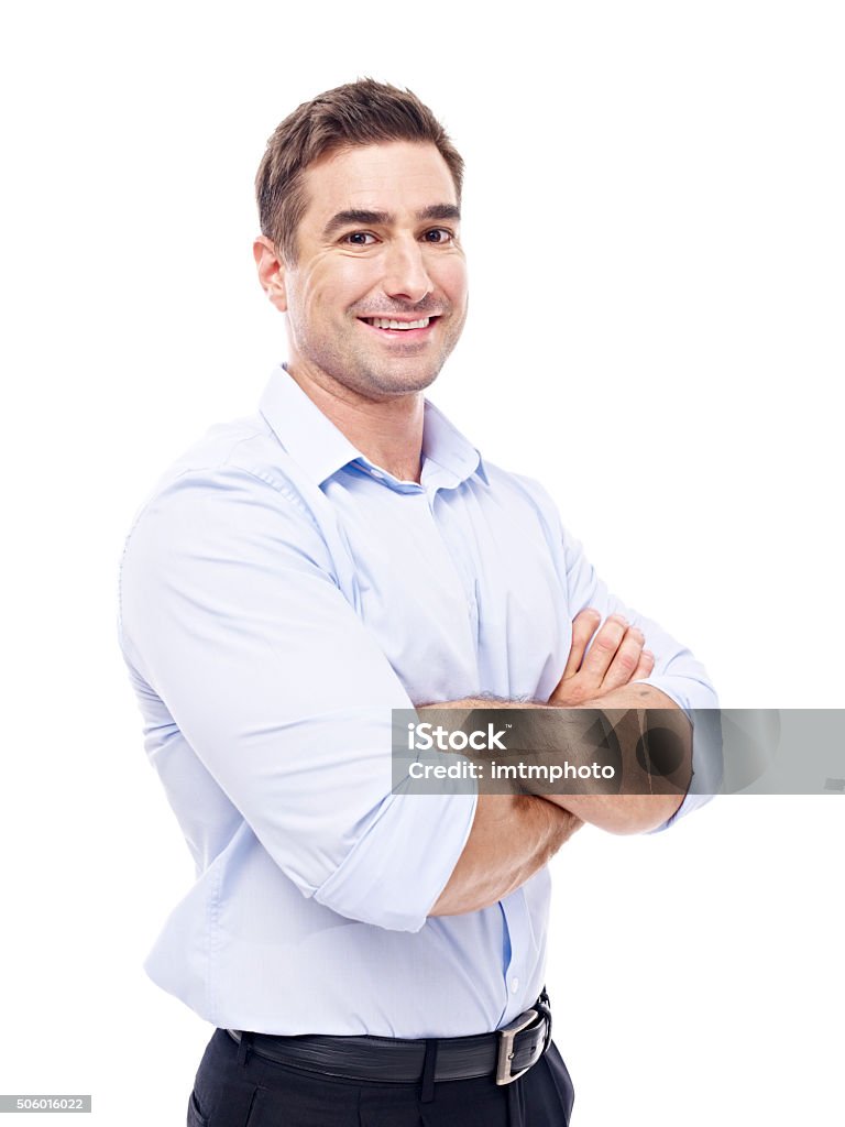 portrait of a caucasian businessman studio portrait of a caucasian corporate executive, arms crossed, side view,  isolated on white background. Men Stock Photo