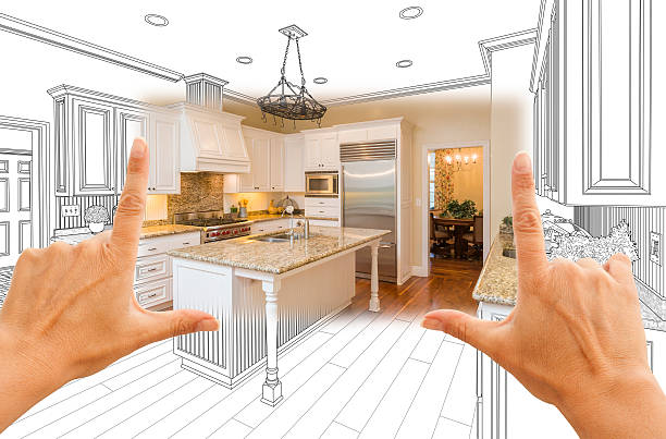 Hands Framing Custom Kitchen Design Drawing and Square Photo Combo Female Hands Framing Custom Kitchen Design Drawing and Square Photo Combination. home addition stock pictures, royalty-free photos & images