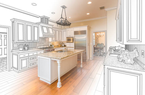 istock Custom Kitchen Design Drawing and Gradated Photo Combination 506016422