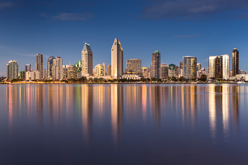 Cityscape evening skyline of San Diego over the bay in California USA