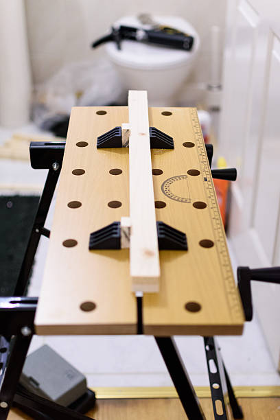 istock Pieces of wood on a workbench in the bathroom 506018836