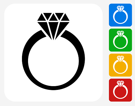 Diamond Ring Icon. This 100% royalty free vector illustration features the main icon pictured in black inside a white square. The alternative color options in blue, green, yellow and red are on the right of the icon and are arranged in a vertical column.
