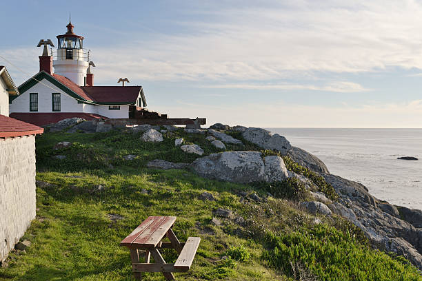 istock lighthouse on rocky island with picnic bench and ocean view 506019108