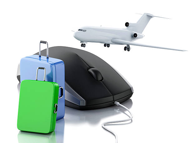 istock 3d Airplane, suitcase and computer mouse. Travel concept. 506032144