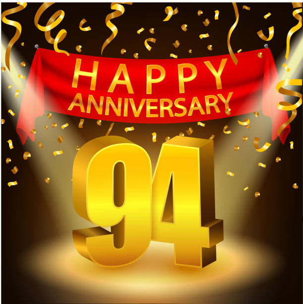 Happy 94th Anniversary celebration with golden confetti and spotlight Vector Illustration Of Happy 94th Anniversary celebration with golden confetti and spotlight accent nails stock illustrations