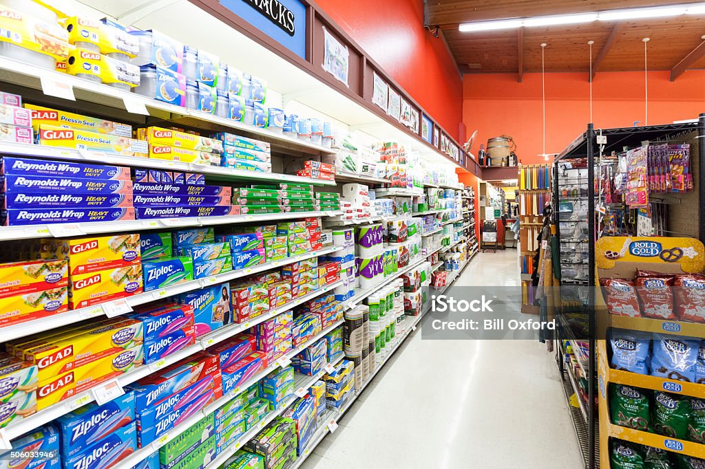 Grocery Store Kitchen Supplies Kitchen supplies section in grocery store Supermarket Stock Photo