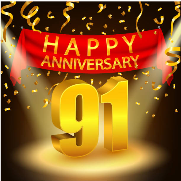 Happy 91st Anniversary celebration with golden confetti and spotlight Vector Illustration Of Happy 91st Anniversary celebration with golden confetti and spotlight accent nails stock illustrations